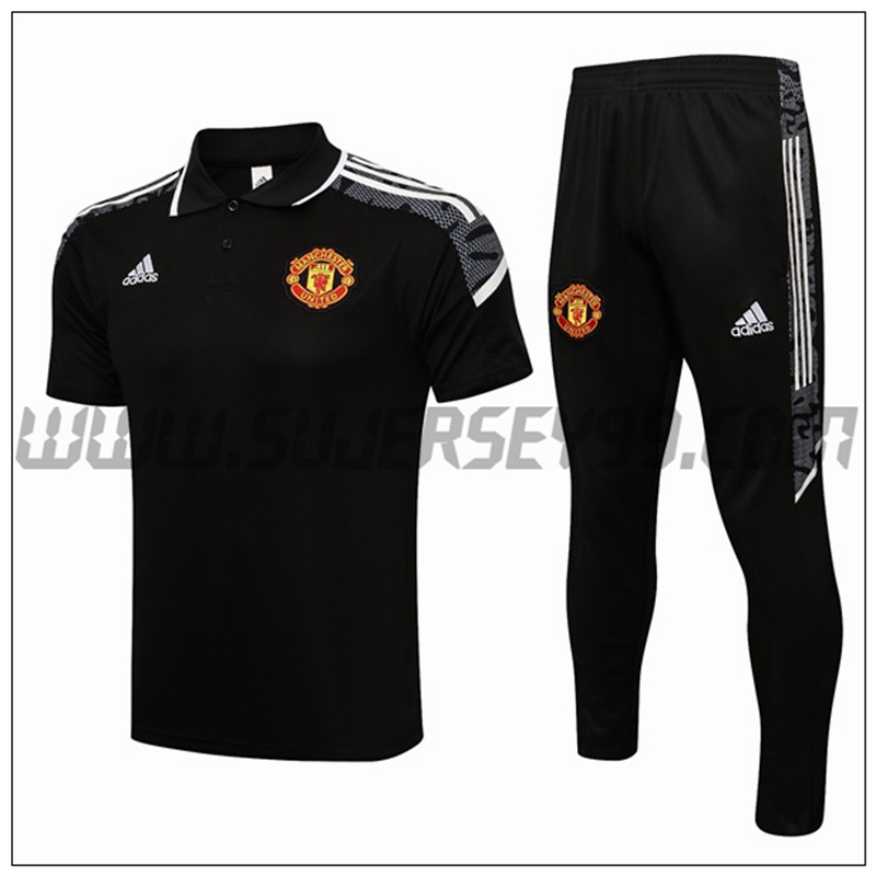 Polo Futbol Manchester United + Pantalones Negro/Blanco 2021 2022