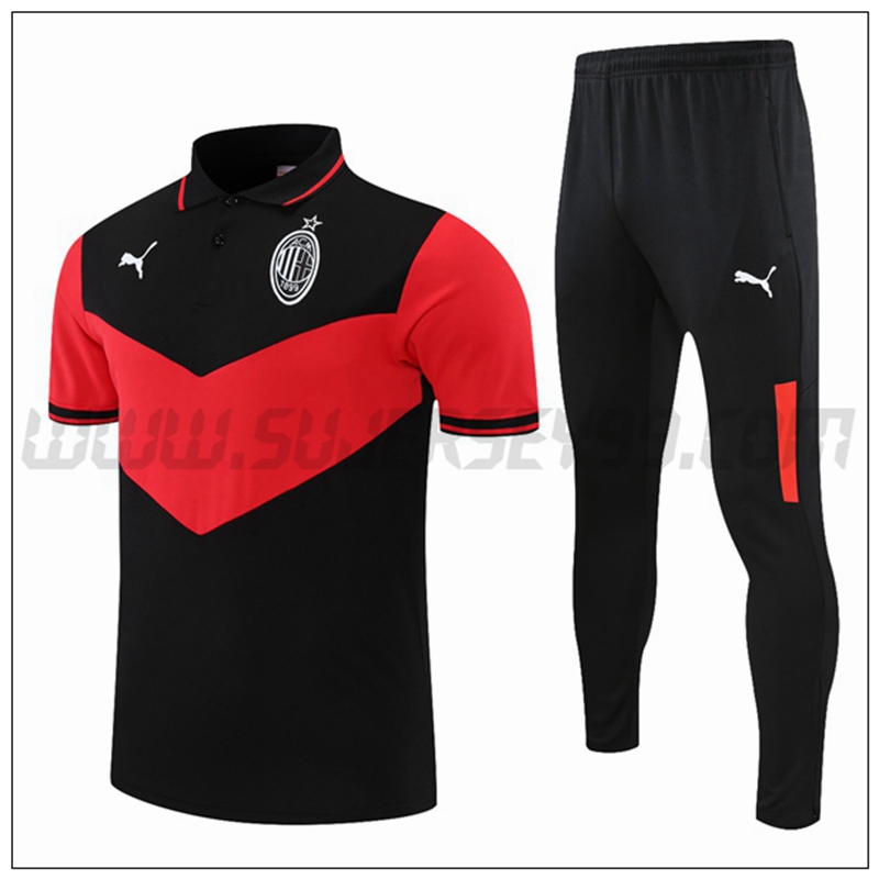 Polo Futbol AC Milan + Pantalones Negro/Rojo 2021 2022