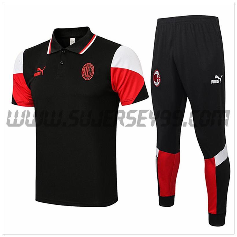 Polo Futbol AC Milan + Pantalones Negro/Rojo 2021 2022