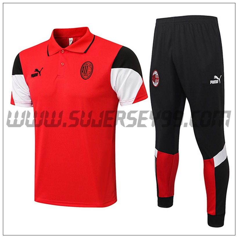 Polo Futbol AC Milan + Pantalones Blanco/Rojo 2021 2022