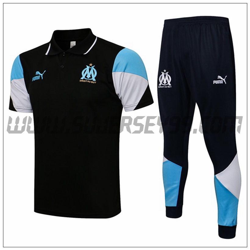 Polo Futbol Marsella OM + Pantalones Negro/Azul 2021 2022