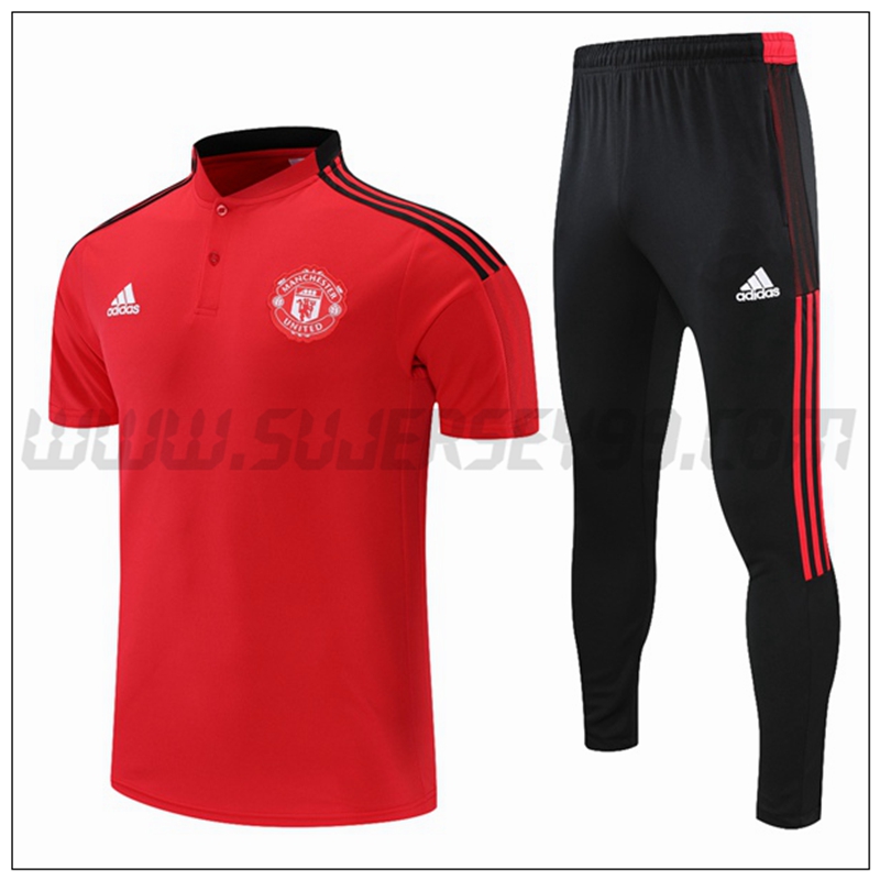 Polo Futbol Manchester United + Pantalones Negro Rojo 2021 2022