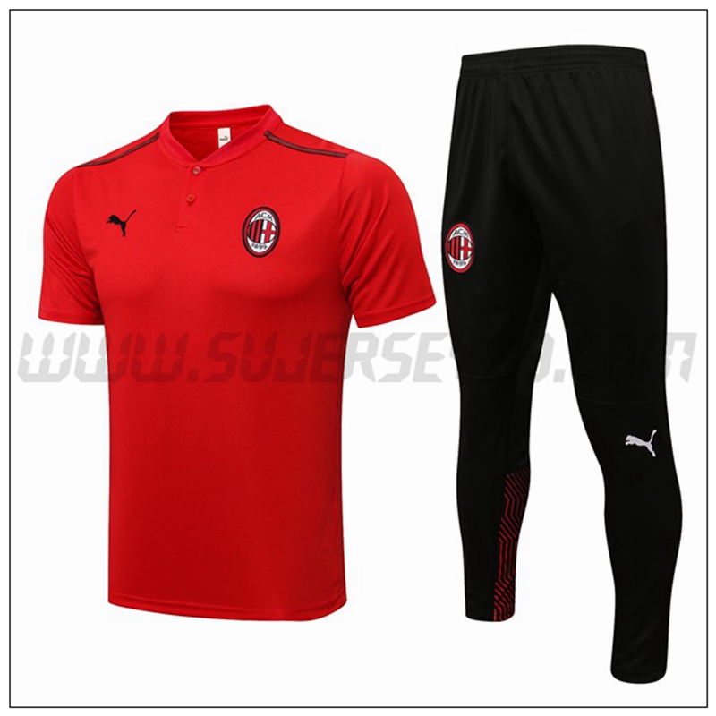 Polo Futbol AC Milan + Pantalones Rojo Negro 2021 2022