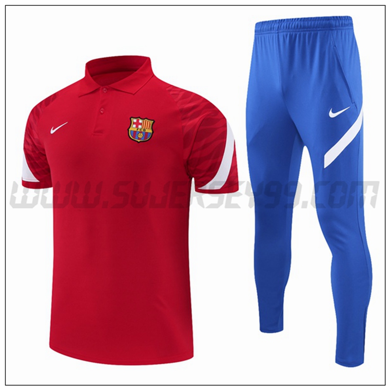 Polo Futbol FC Barcelona + Pantalones Blanco Rojo 2021 2022