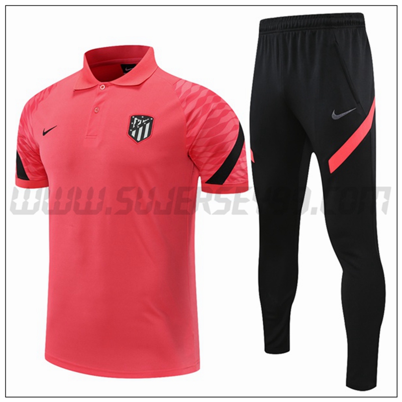 Polo Futbol Atletico Madrid + Pantalones Negro Rojo 2021 2022