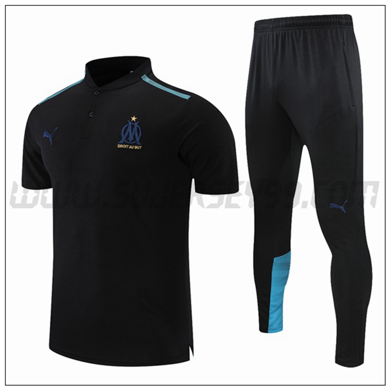 Polo Futbol Marsella OM + Pantalones Negro Azul 2021 2022