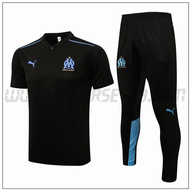 Polo Futbol Marsella OM + Pantalones Negro Azul 2021 2022 -01