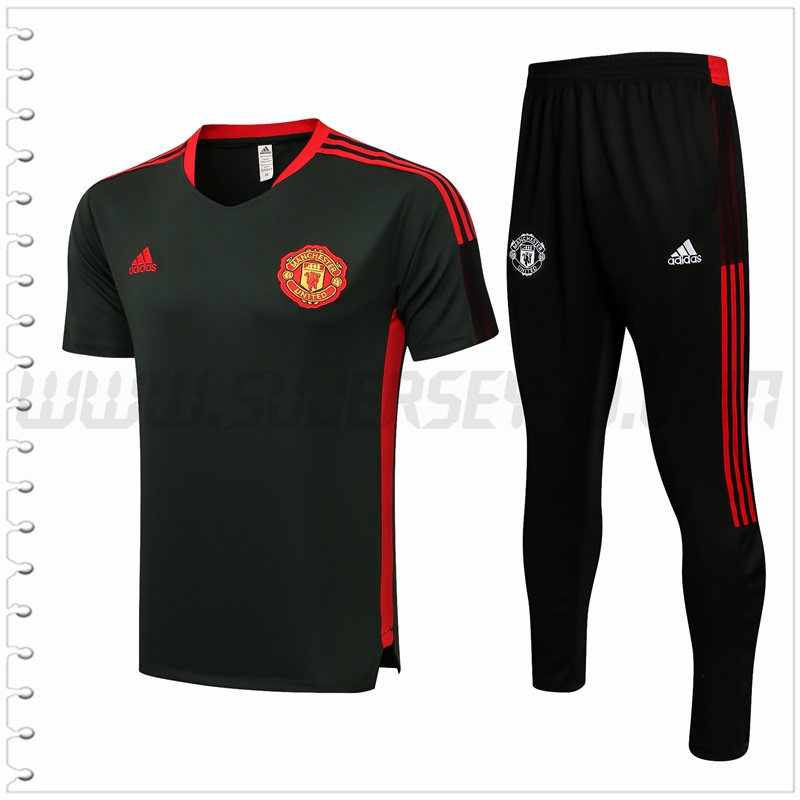 Polo Futbol Manchester United + Pantalones Negro Rojo 2021 2022