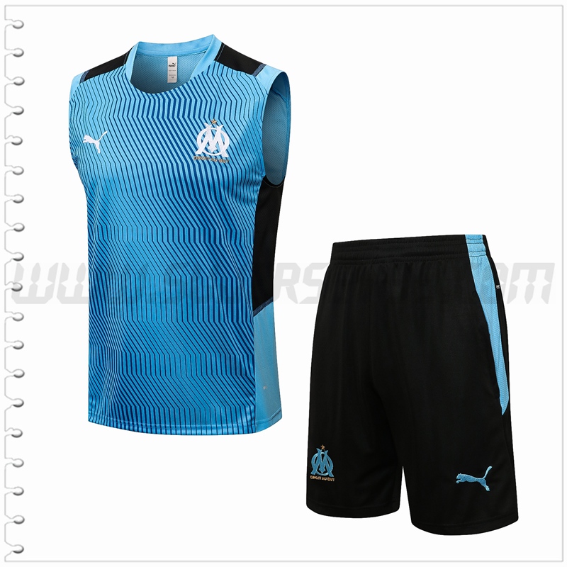 Camiseta Entrenamiento Sin Mangas Marsella OM + Pantalones Cortos Negro Azul 2021 2022