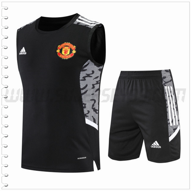 Camiseta Entrenamiento Sin Mangas Manchester United + Pantalones Cortos Negro/Gris 2022 2023