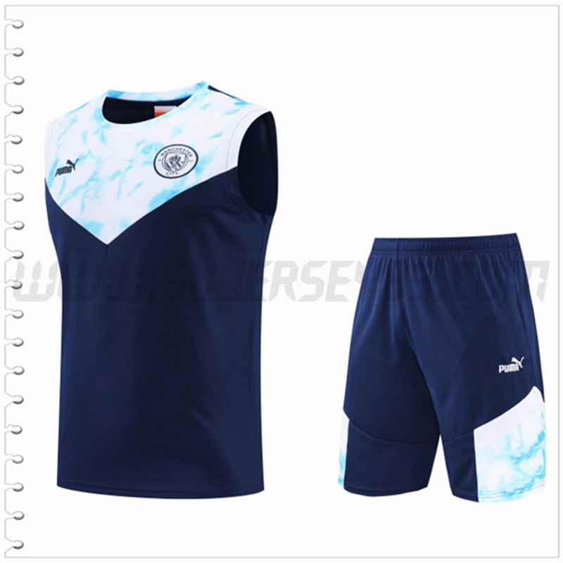 Camiseta Entrenamiento Sin Mangas Manchester City + Pantalones Cortos Azul Marina 2022 2023