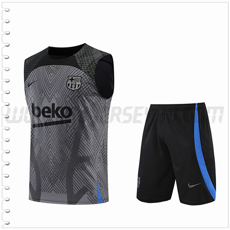 Camiseta Entrenamiento Sin Mangas FC Barcelona + Pantalones Cortos Gris/Negro 2022 2023