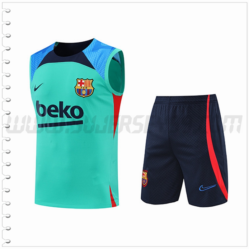 Camiseta Entrenamiento Sin Mangas FC Barcelona + Pantalones Cortos Azul/Verde 2022 2023