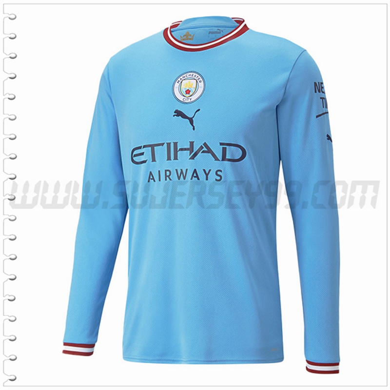 Primera Nuevo Camiseta Manchester City Manga Larga Cielo Azul 2022 2023