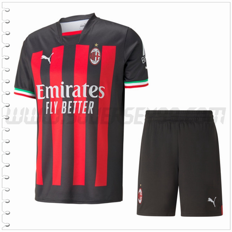 Primera Equipacion del AC Milan Negro Rojo + Pantalones Cortos 2022 2023