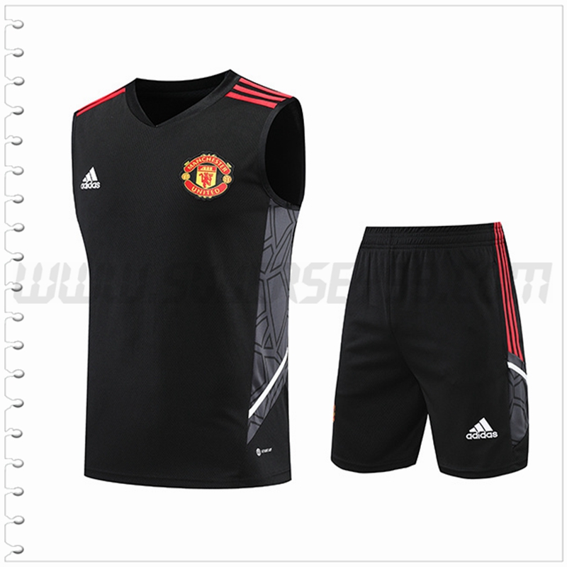 Camiseta Entrenamiento Sin Mangas Manchester United + Pantalones Cortos Negro/Gris 2022 2023