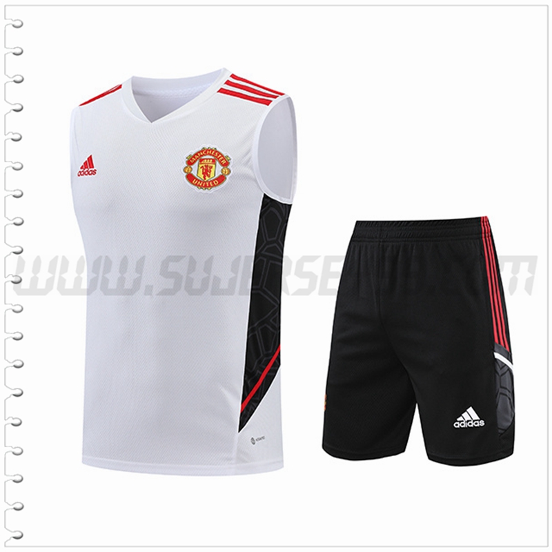 Camiseta Entrenamiento Sin Mangas Manchester United + Pantalones Cortos Blanco/Negro 2022 2023