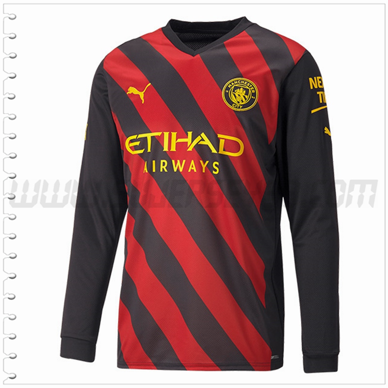 Segunda Nuevo Camiseta Manchester City Manga Larga Negro Rojo 2022 2023