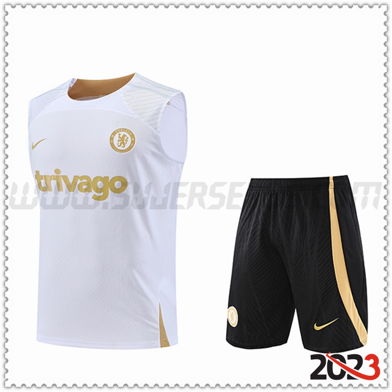 Camiseta Entrenamiento Sin Mangas FC Chelsea + Pantalones cortos Blanco 2023 2024