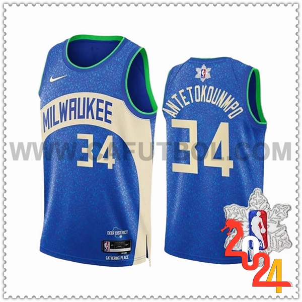 Camisetas Milwaukee Bucks (ANTETOKOUNMPO #34) 2023/24 Azul/Blanco -03