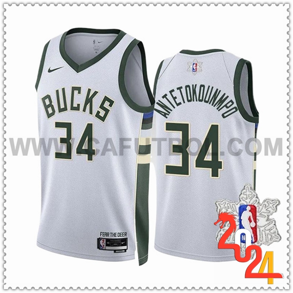 Camisetas Milwaukee Bucks (ANTETOKOUNMPO #34) 2023/24 Blanco/Verde -02