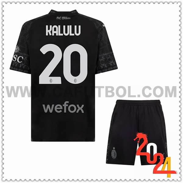 Equipacion del AC Milan KALULU #20 Cuarto Ninos Negro 2023 2024
