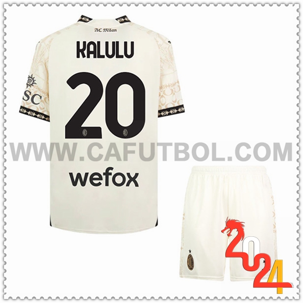 Equipacion del AC Milan KALULU #20 Cuarto Ninos Blanco 2023 2024