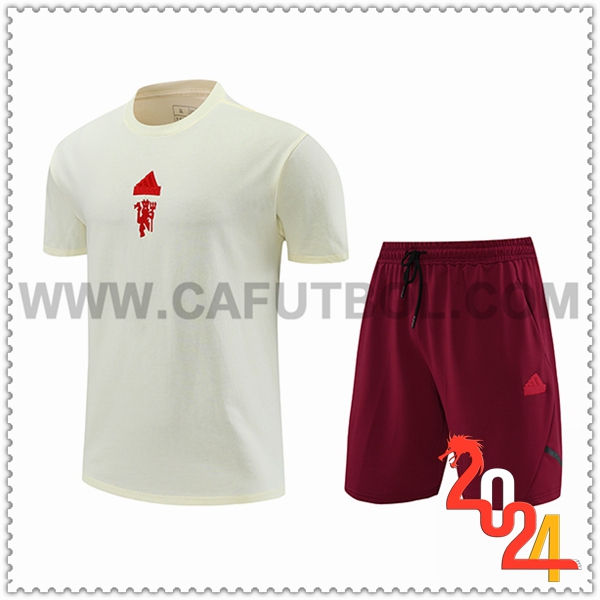 Camiseta Entrenamiento + Cortos Manchester United Beige/Rojo 2024 2025