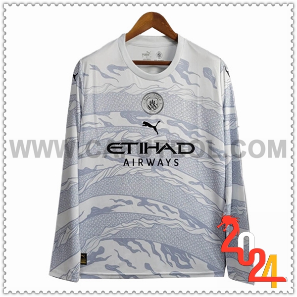 Camiseta Futbol Manchester City Mangas largas Blanco Edicion especial 2024 2025