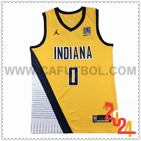 Camisetas Indiana Pacers (HALIBURTON #0) 2024/25 Amarillo/Blanco/Negro