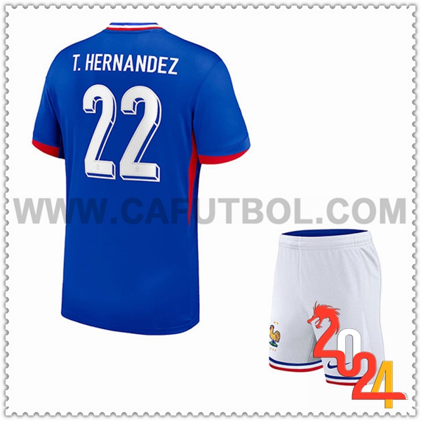 Primera Camiseta Futbol Francia T. HERNANDEZ #22 Ninos Eurocopa 2024