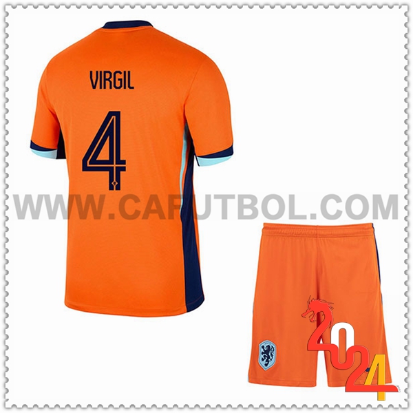 Primera Camiseta Equipo Paises Bajos VIRGIL #4 Ninos 2024 2025